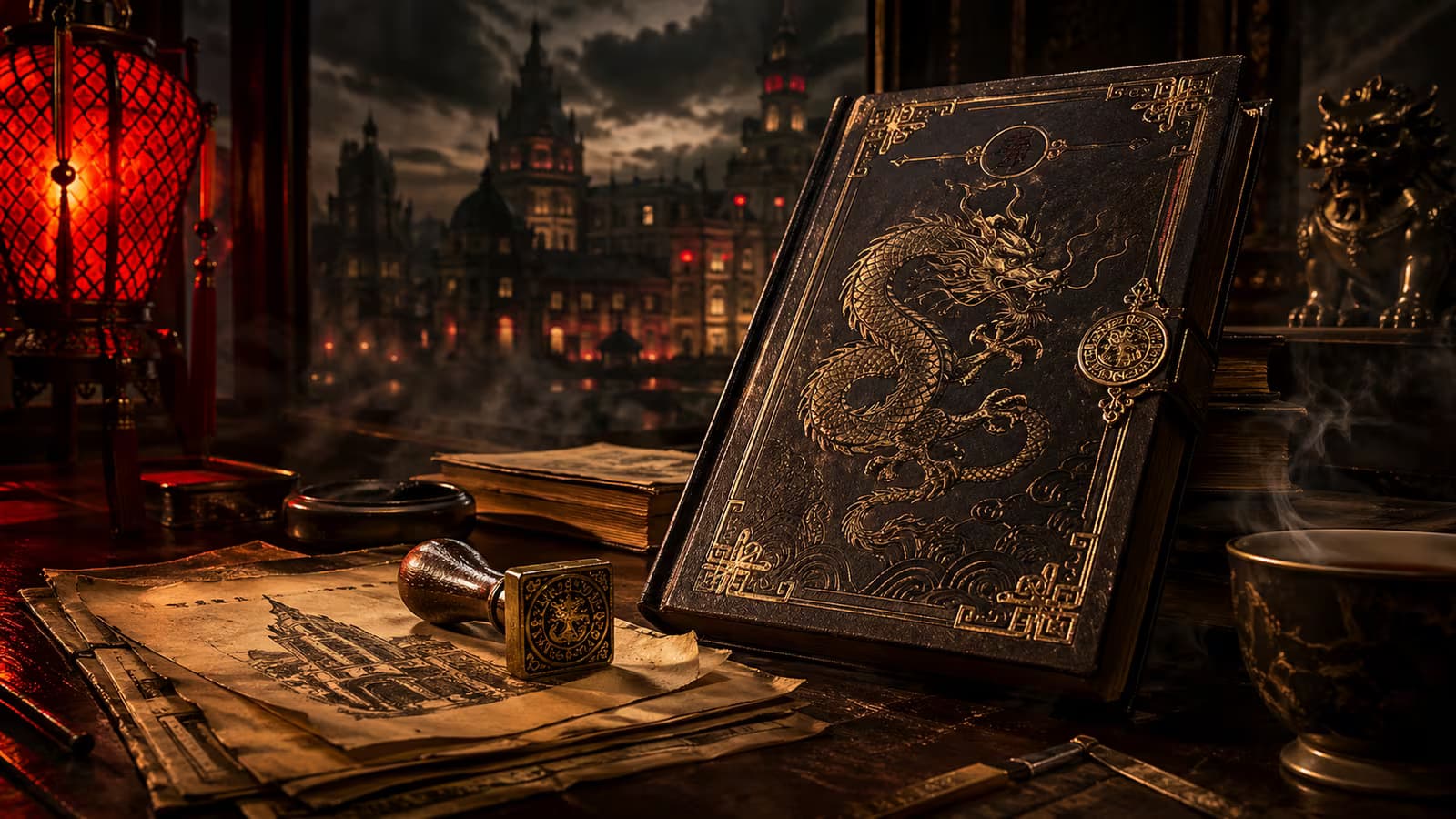 สมุดกฎเมือง Dragon Town บนโต๊ะทำงานในบรรยากาศเซี่ยงไฮ้นัวร์